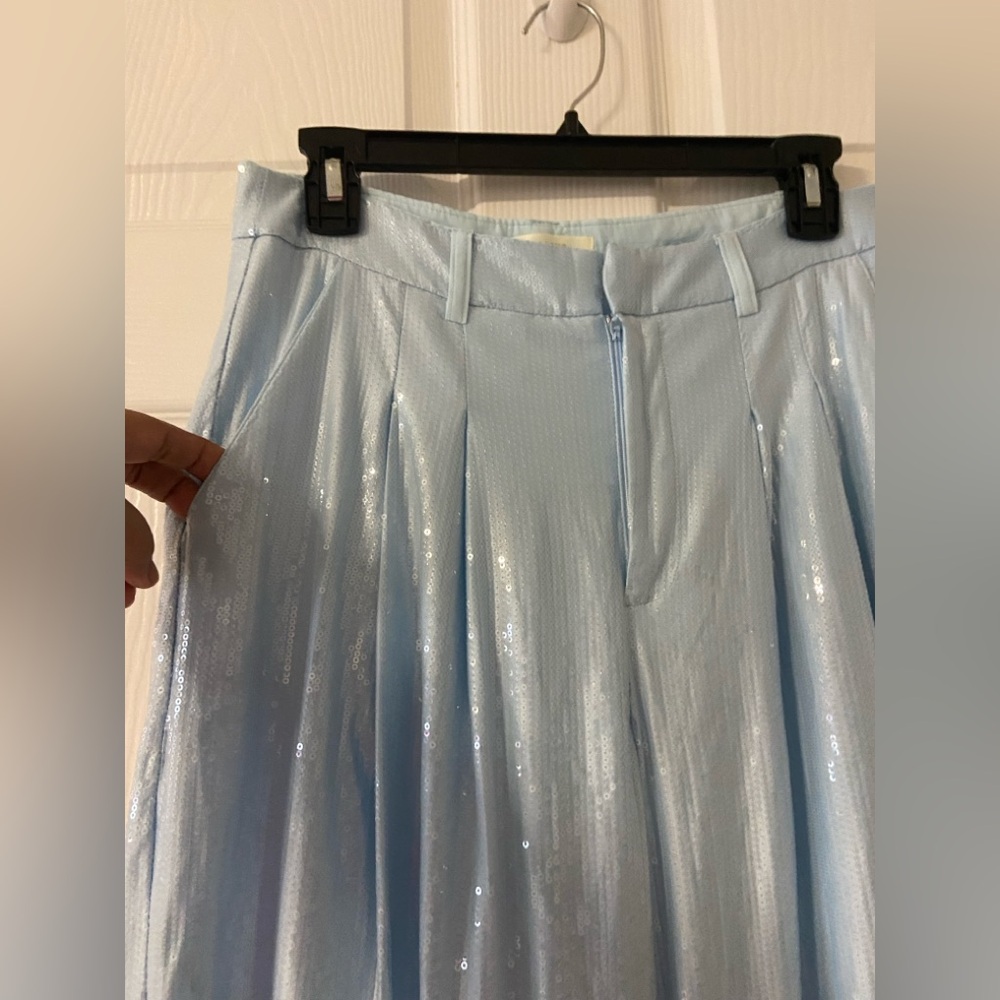 T36- MAEVE Baby Blue Sequined Pleated Wide Leg AVERY Trouser - Picture 2 of 9